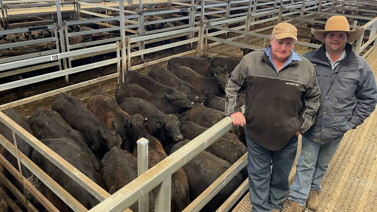Neil Walker, Dorroughby Pastoral Company, Boorowa, sold 11- to 13-month-old Angus steers with an average weight of 340kg for $960 a head during the Central Tablelands Livestock Exchange, Carcoar, store cattle sale on Friday. He is with his agent Mark Jolliffe from Kevin Miller, Whitty, Lennon and Company, Young.