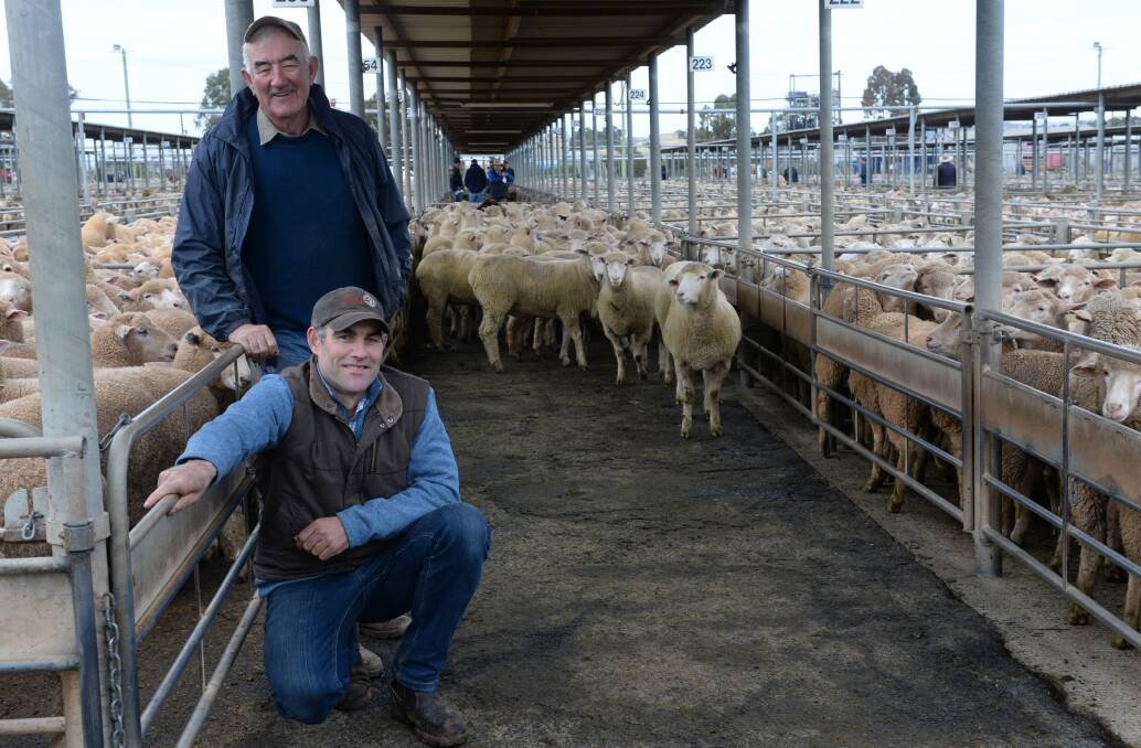 Owen Blake and his father Peter, "Tarandi", Harefield via Wagga Wagga, sold 174 prime lambs for $230 at Wagga's sale last Thursday.