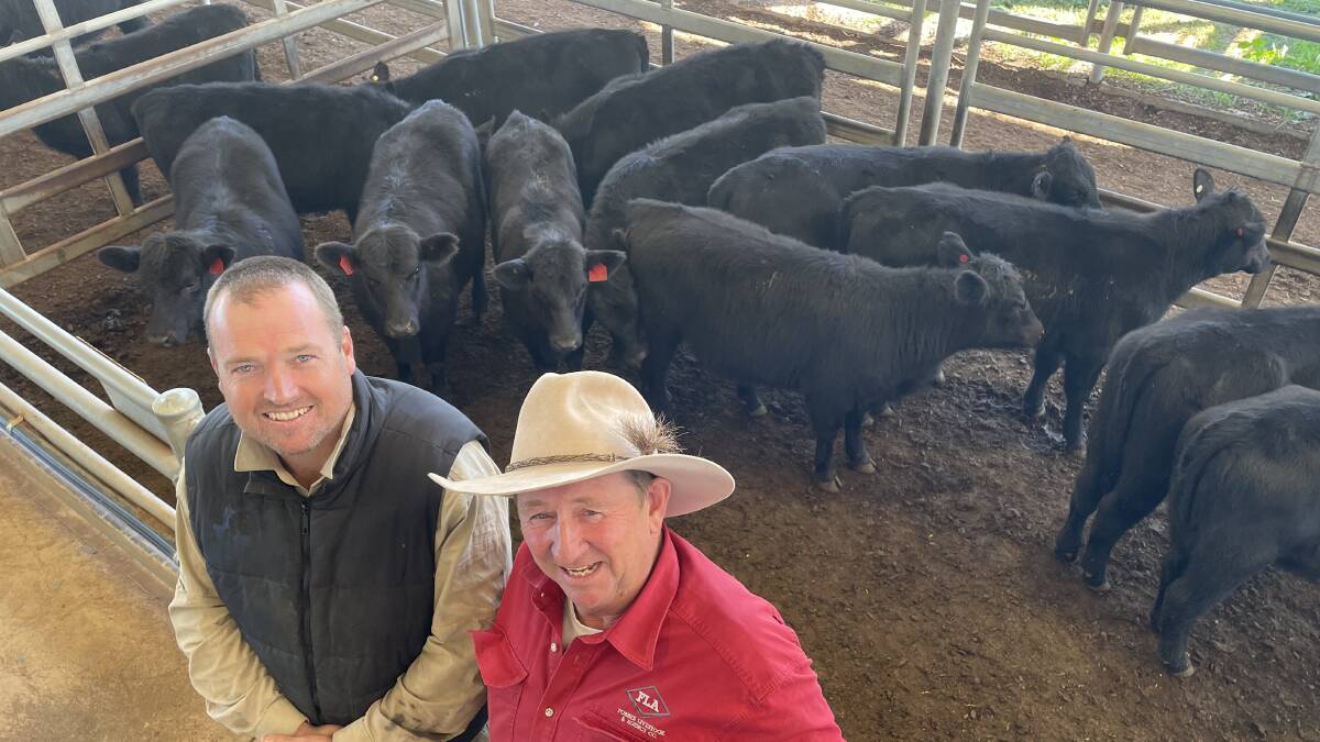 Ben Rix, Bogan Gate, with his agent Tim Mackay, Forbes Livestock and Agency Company, Forbes, sold Te Mania-blood, 275kg weaner heifers straight off their mothers for $1430 a head at Forbes store sale last Friday.