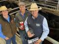 CTLX Carcoar manager Josh Stephens; Kyle McDonald from Zoetis and Paul Breen from KMWL, Canowindra, in front of the best presented pen of steers sold by Graham Lewis, Cold Water Creek, Carcoar. Photo: Karen Bailey