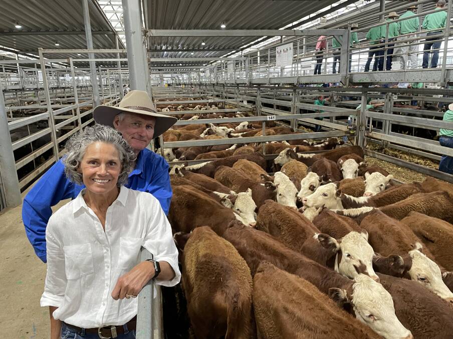 The cents a kilogram price at Wodonga hit a record high with Herefords from Michael and Anna Coughlan, Tarabah Livestock Company, Morundah, hitting a whopping 1049c/kg.