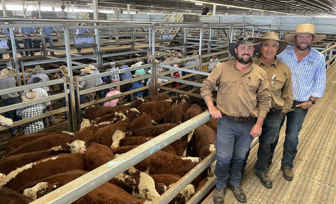 Adam and Vic Camilleri, Wattle Grove, Oberon, sold Hereford and Angus steers at Carcoar last Friday. The 304kg Herefords sold for $1190 and the 253kg Angus made $1220. They're with their agent Michael Anderson, Tablelands Rural Agency. Picture by Karen Bailey.