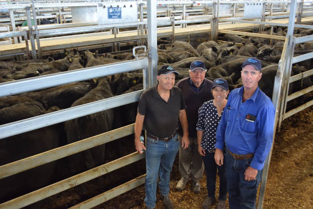 Karoo Angus, Meadow Flat, sold the best presented pen of steers which were also the weaner market top of $1995 a head during the Carcoar sale last Friday. The steers were Karoo-blood, August/September-drop, European Union accredited and tipped the scales at 365kg. They are pictured with Dan and John Reen and Annie and Tony Scott all of Karoo Angus. 