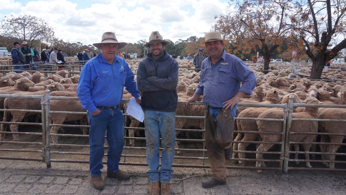 Dave Hargraves, Lake Cargelligo, with buyer Mark Heyward, Tullibigeal, and Paul Quade of Quade Moncrieff Livestock and Property, West Wyalong, discuss the maiden ewes Mr Hayward bought for $300 a head.