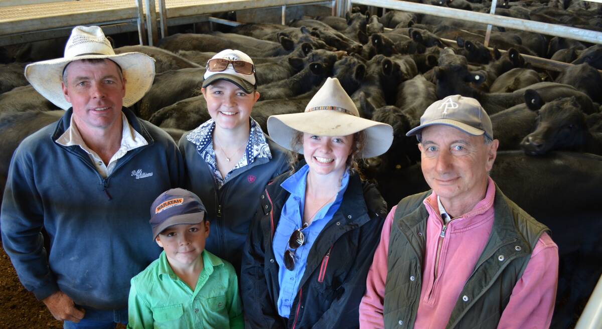 "Raineville" manager Marcus Hadley, with his children James and Grace, family friend Emma Martin, and "Raineville" owner Glen Joseph, Tarana. Mr Joseph sold August/September-drop steers for $995/head at Carcoar last Friday.