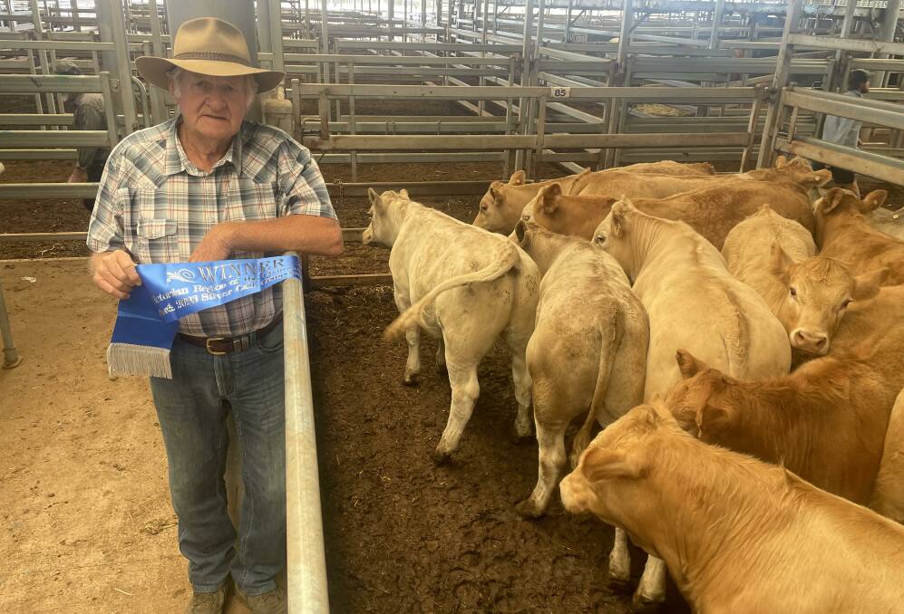 John Neilson, Johleen, Sandy Creek, sold the champion pen of Charolais-cross steers for $1750. The 394kg Kenmere-blood weaners were nine to 11 months old. Photo: Alexandra Bernard
