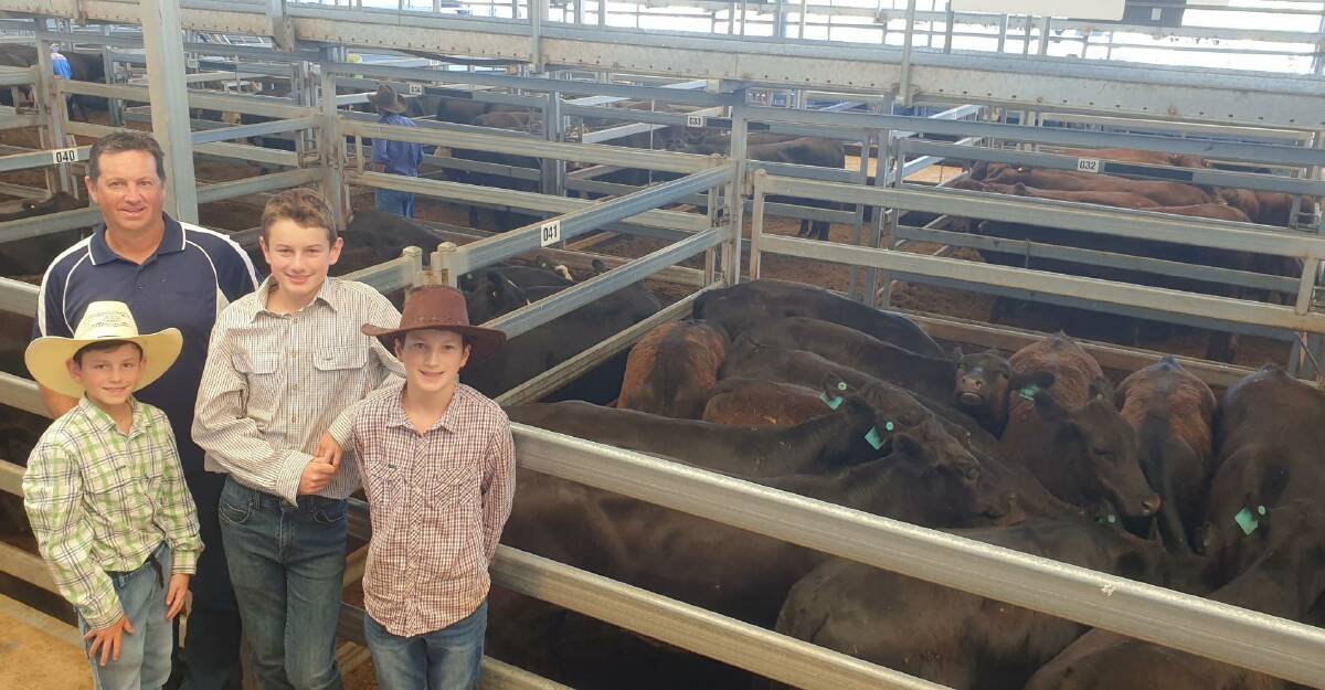 A fantastic result at Tamworth for first-time vendors the Ryan family - Mick, Isaac, Billy and Max - from Timbumburi. Their Angus-cross steers sold for 620c/kg and the Angus made 672c/kg on Monday. Photo: Michelle Mawhinney, TLSAA