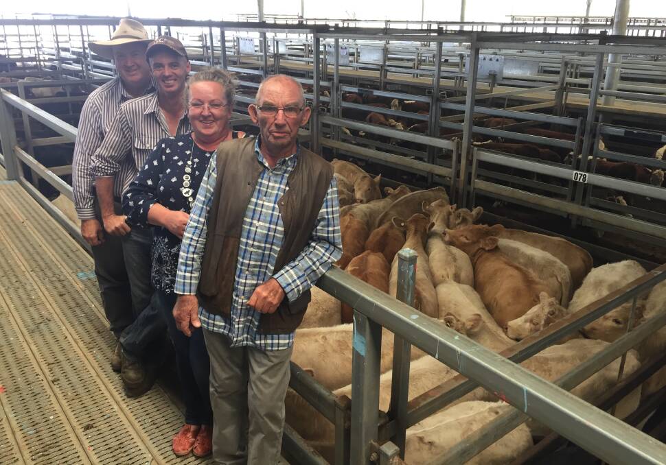 McCarron Cullinane agents Lindsay Fryer and Shaun Kirby with Wilf Damberg and Bozena Galeziowski, "Oaklands", Murgo, and their 61 Violet Hills-blood Charolais heifers which sold for $800 a head at the CTLX, Carcoar, weaner sale on Friday. 