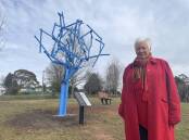 Kathy Sajowitz, Oberon, with the recently erected blue tree sculpture. Photo: Karen Bailey