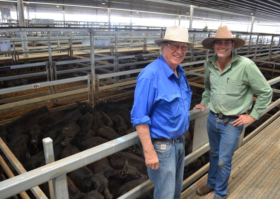 James Carr, Funny Hill, Binda, with his agent Marcus Schembri, Bathurst, sold several pens of August/September-drop Angus steers and heifers at the Carcoar store sale last Friday. His top steers at 223kg sold for $880 a head.