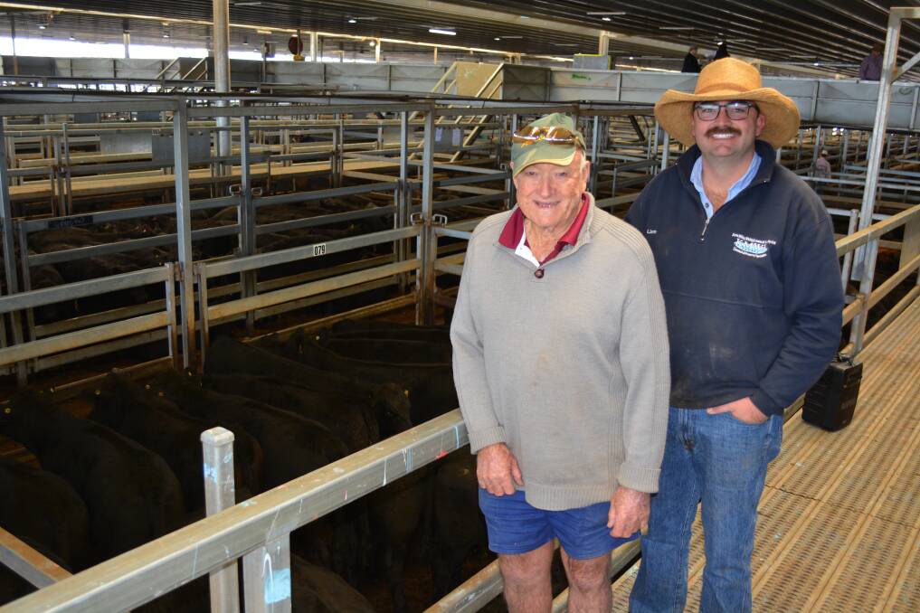 A and L Lorimer, Wirringulla, Borenore near Orange, sold 310kg six- to eight-month-old Angus heifers for $1820 a head. They were awarded the best presented pen of heifers, which are pictured with the Lorimers' manager Keith Myers and Kevin Miller Whitty Lennon agent Liam Murphy, Carcoar.