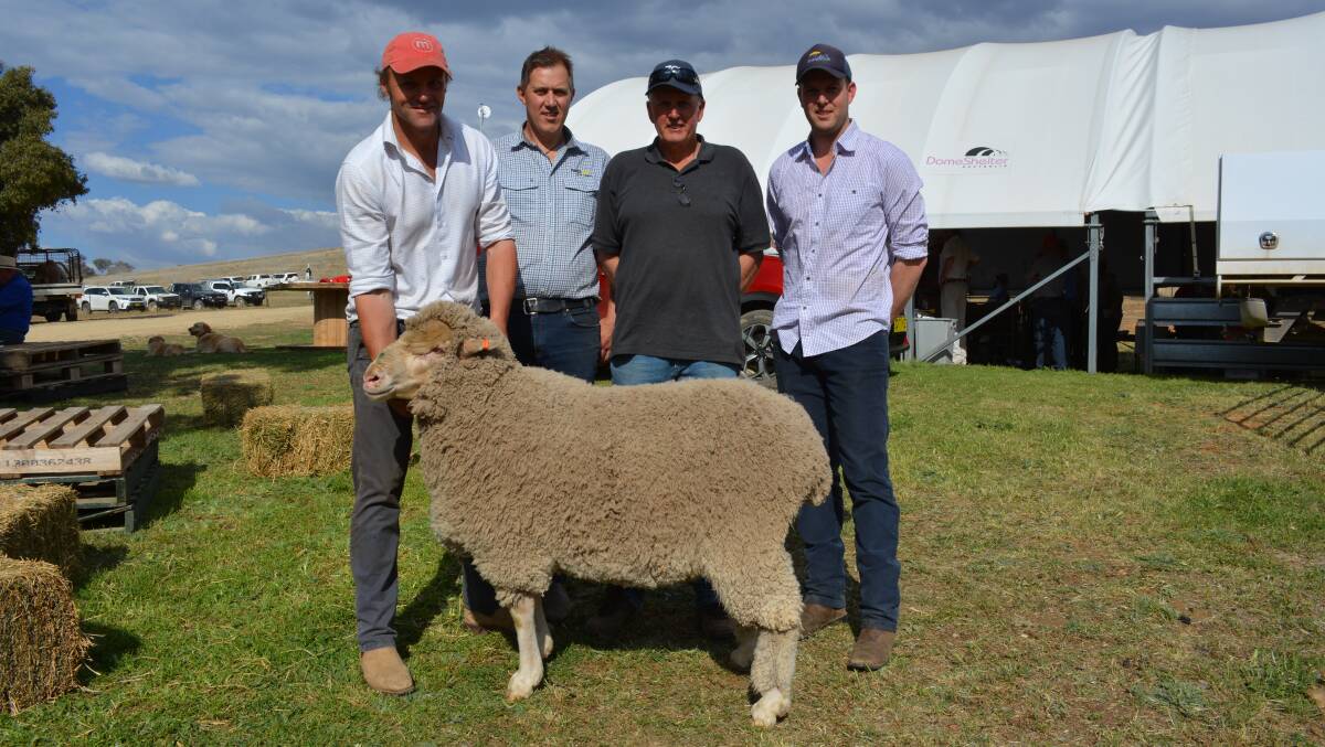 One of the $12,000 top priced rams with Chad Taylor, Mumblebone, Wellington; Nextgen Agri's Mark Ferguson, Christchurch, New Zealand; and buyers Tim and Tom Mulholland, Operina P/L, Moulamein.