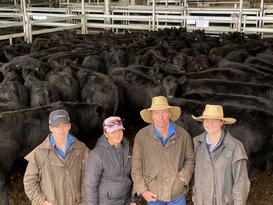 James, Tash, Marcus and Grace Hadley, Traleigh, Rydal, with 339 kilogram, August/September-drop, Karoo- and Fairview Valley-blood Angus weaner steers they sold for $1430 a head at Carcoar last Friday. Picture by Karen Bailey.