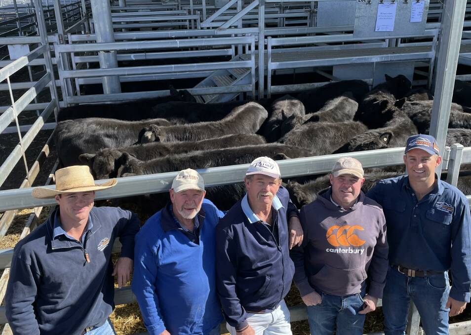 Cowra agent Jack Harper; Clear Hills Pastoral workers Garry and Neville Connor, Boorowa; Clear Hills owner Andrew Green, and Cowra agent Rory Brien, with Clear Hills steers weighing 369kg that sold for $1590 at Carcoar last Friday. 