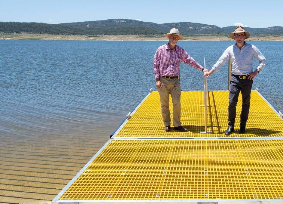 Inverell Shire mayor Paul Harmon and Northern Tablelands MP Adam Marshall check out the new floating pontoon at Copeton Dam northern foreshore.