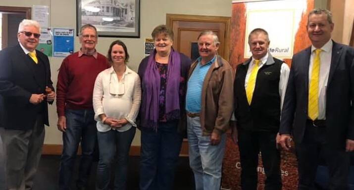 Sharman's Oslo: Auctioneer Bruce Smith, buyers Butch Hollingworth and his daughter Laura Thompson, and vendors Diane and Alan Sharman, with Robert Lewis and Geoff Hayes from Ray White Rural.