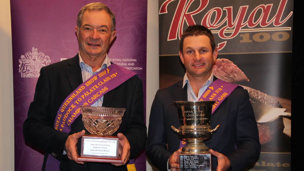 JBS PADDOCK TO PALATE: David Bondfield and Ben Noller, Palgrove, with trophies for both the 100 day HGP treated and 100 day HGP free competitions. Photos - Melody Labinsky