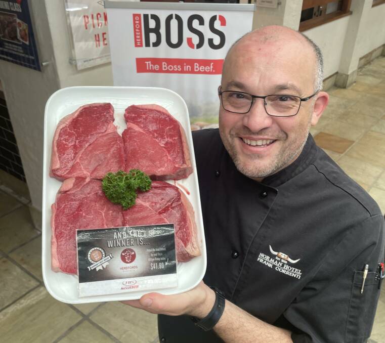 Norman Hotel executive chef Frank Correnti with the winning Hereford rump steak. Picture Mark Phelps