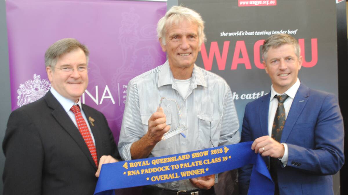 WAGYU WINNER: Alan Hoey, Allora, with RNA president David Thomas and Matt McDonagh from the Australian Wagyu Association.