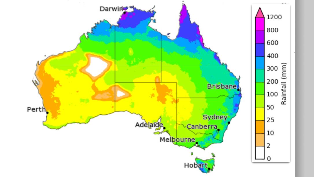 Bureau of Meteorology modelling showing the 75 per cent chance of rainfall totals for the November, December and January period. 