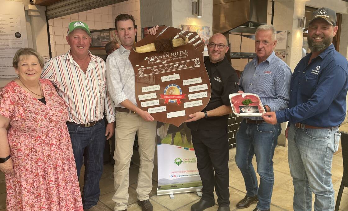 Pip and Scott Mann, Truro Herefords, Bellata, NSW, Michael Crowley, Herefords Australia, Norman Hotel executive chef Frank Correnti, Denis Conroy, JBS Australia, and Tom Nixon, Devon Court Herefords, Drillham, celebrating Hereford's win in the Norman Hotel's Best Breed competition. Picture Mark Phelps