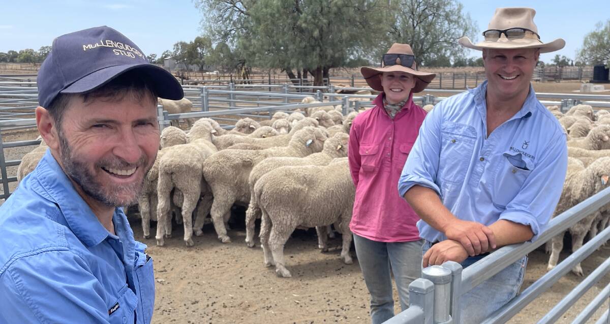 Merino breeder Tom Moxham, Mullengudgery, Nyngan, with Eva Von Pein and manager Manning Doughty.