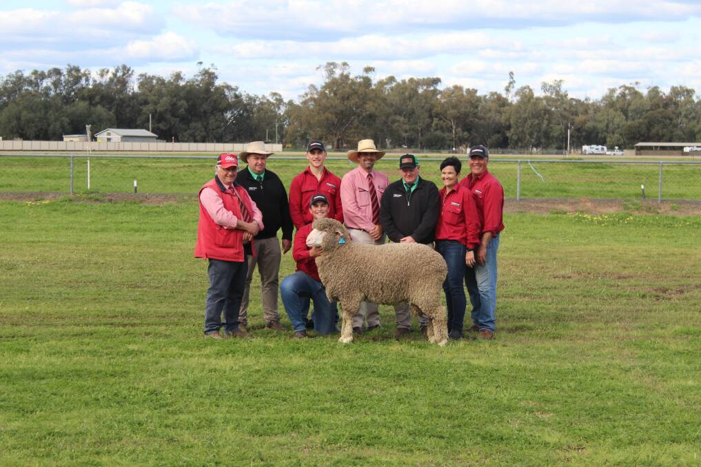 With the top priced lot are Elders' Scott Thrift, Nutrien's Brad Wilson, Lachlan Merino's Campbell and Mitchell (kneeling) Rubie, Elders' Martin Simmons, Nutrien's John Settree, and Lachlan Merino's Margot and Glen Rubie. Photo: Denis Howard